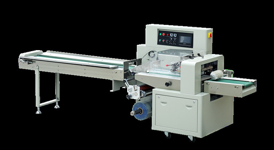 Filme puxando horizontal automático giratório das cookies 250mm da máquina de embalagem do fluxo para baixo